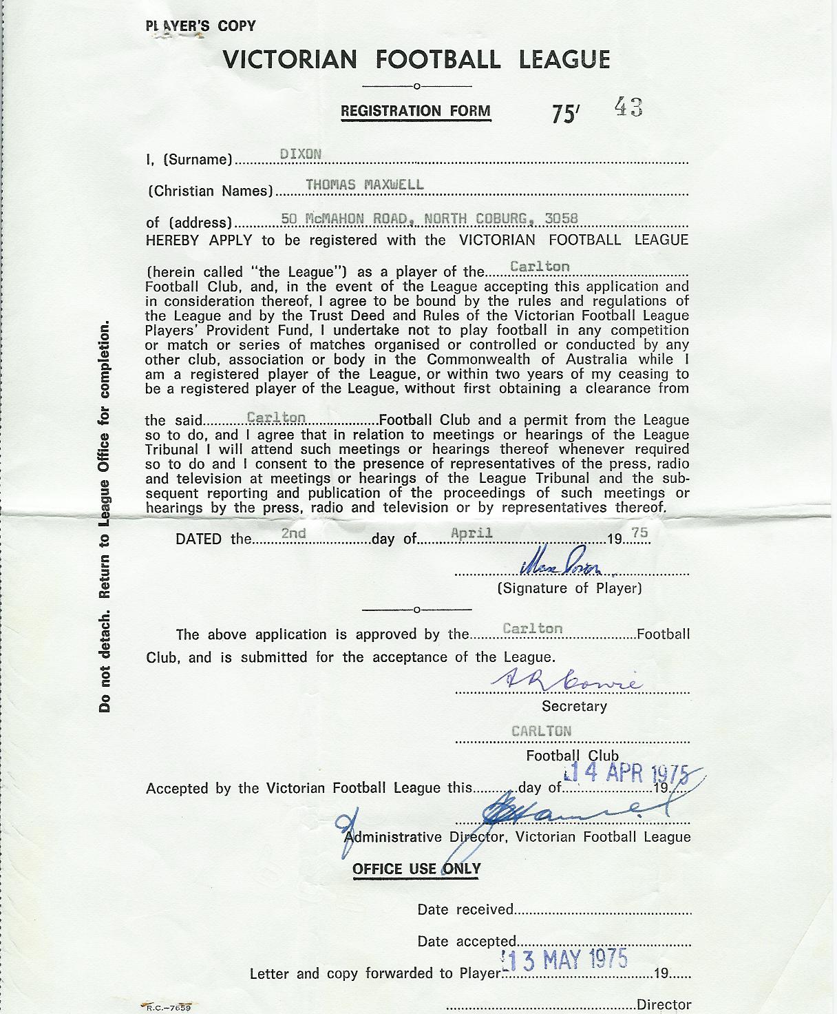 VFL Registration Form 1975 Max Dixon