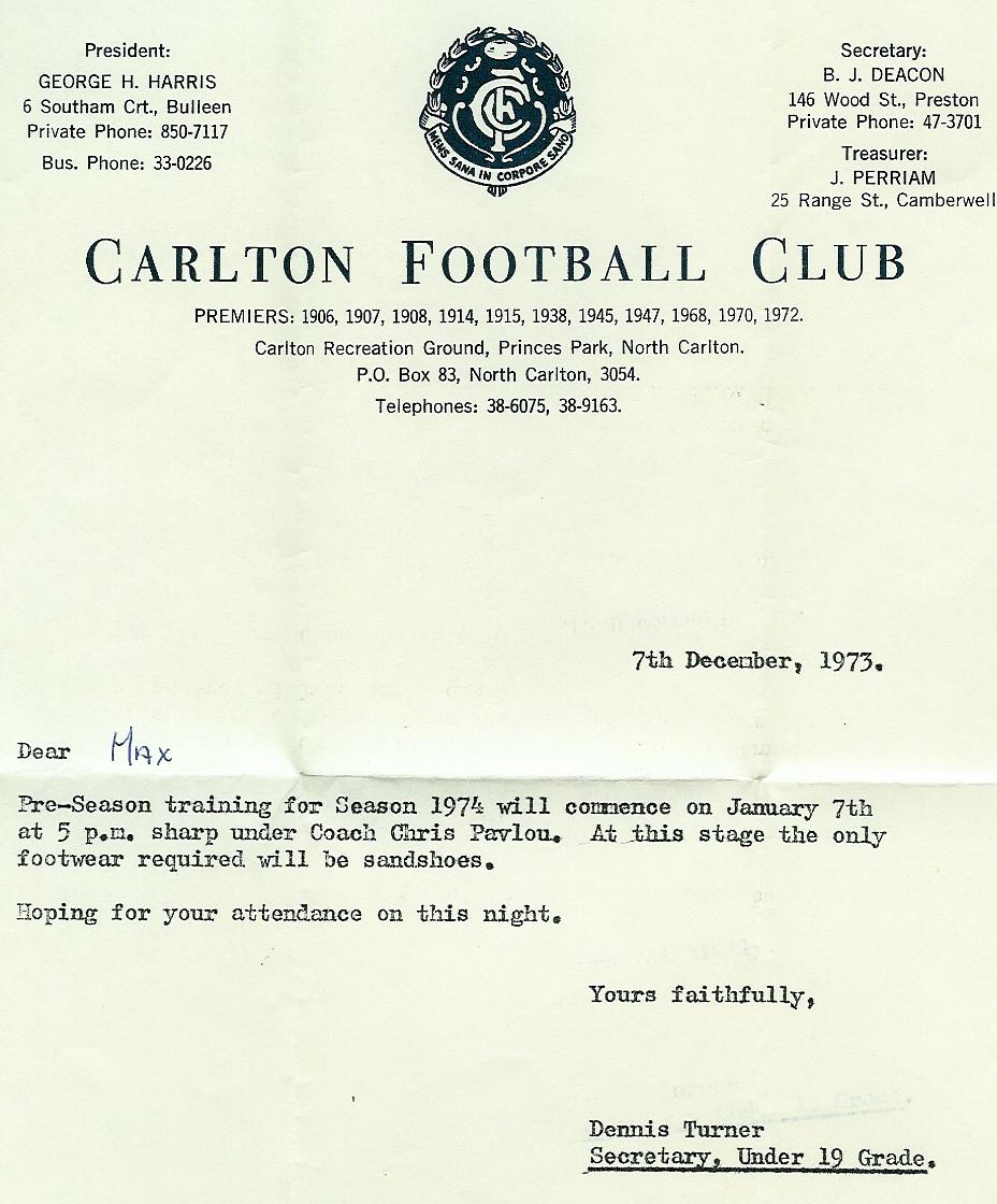 CFC Training Invite 1974 Max Dixon