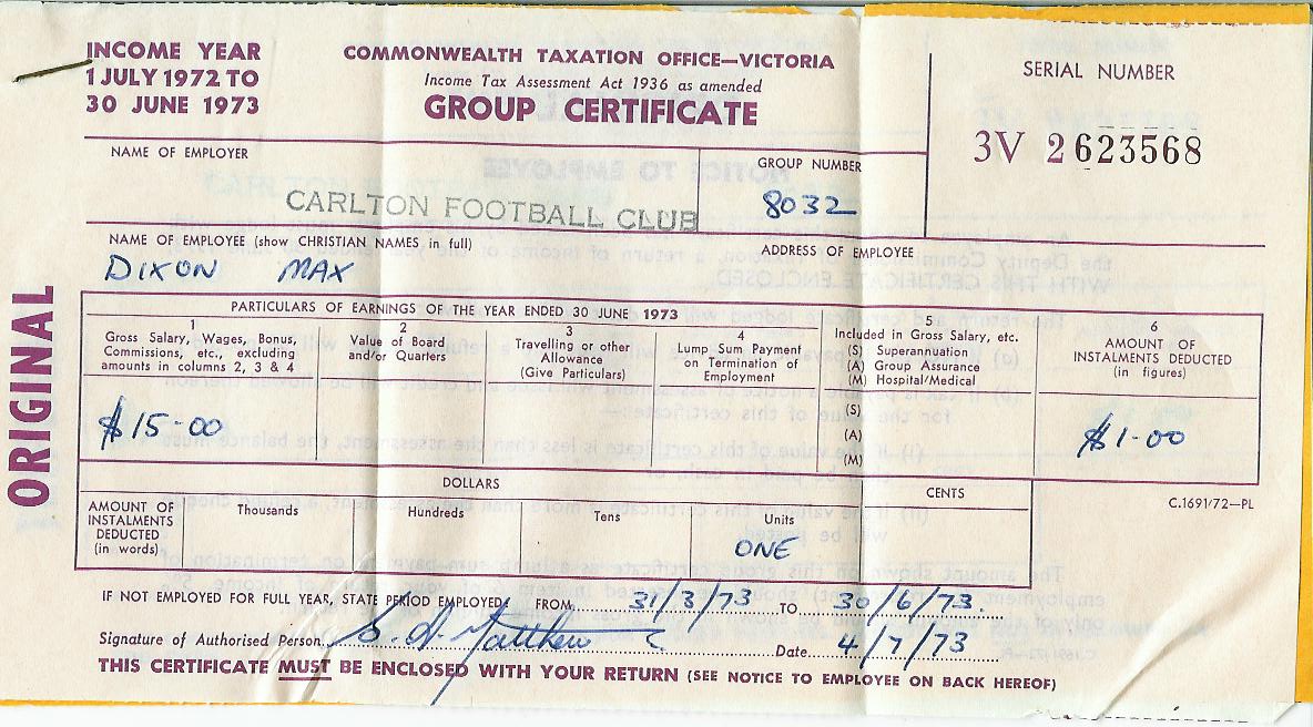CFC Group Certificate 1973 Max Dixon