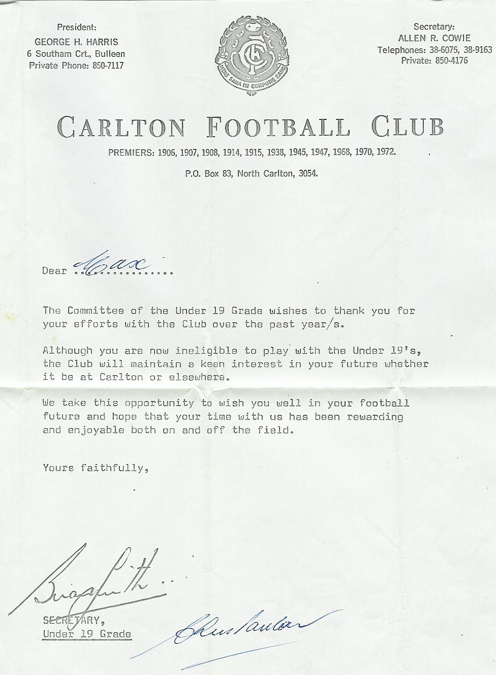 CFC U19s Farewell Letter Max Dixon