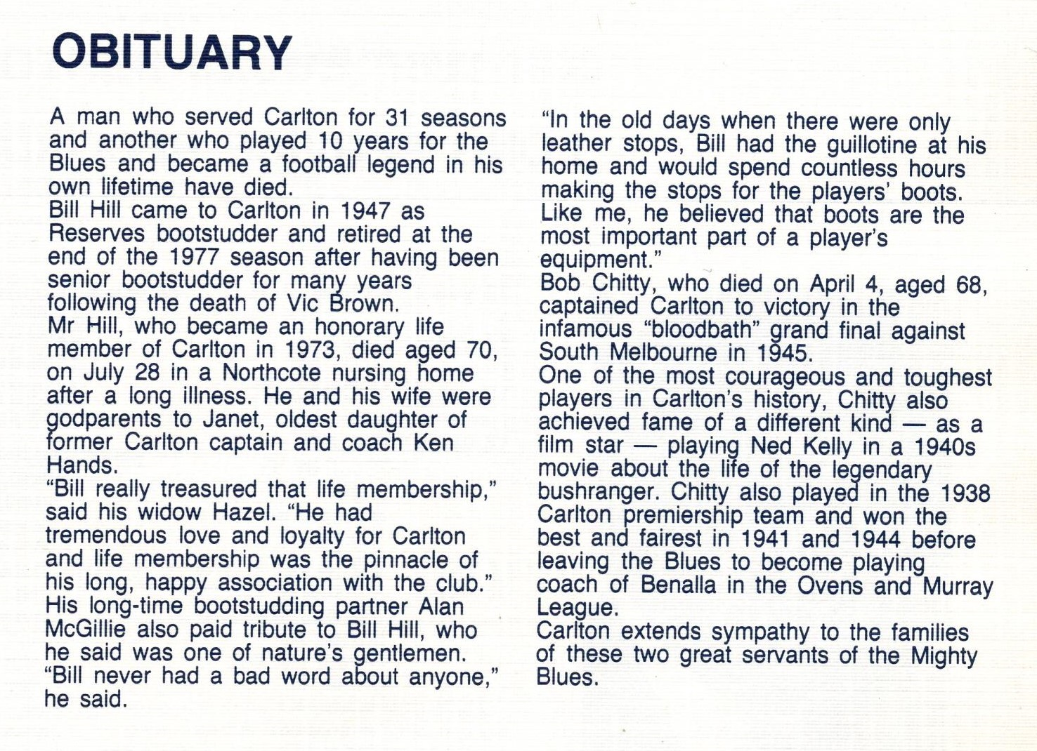 1985 Annual Report Obituary for Bill Hill